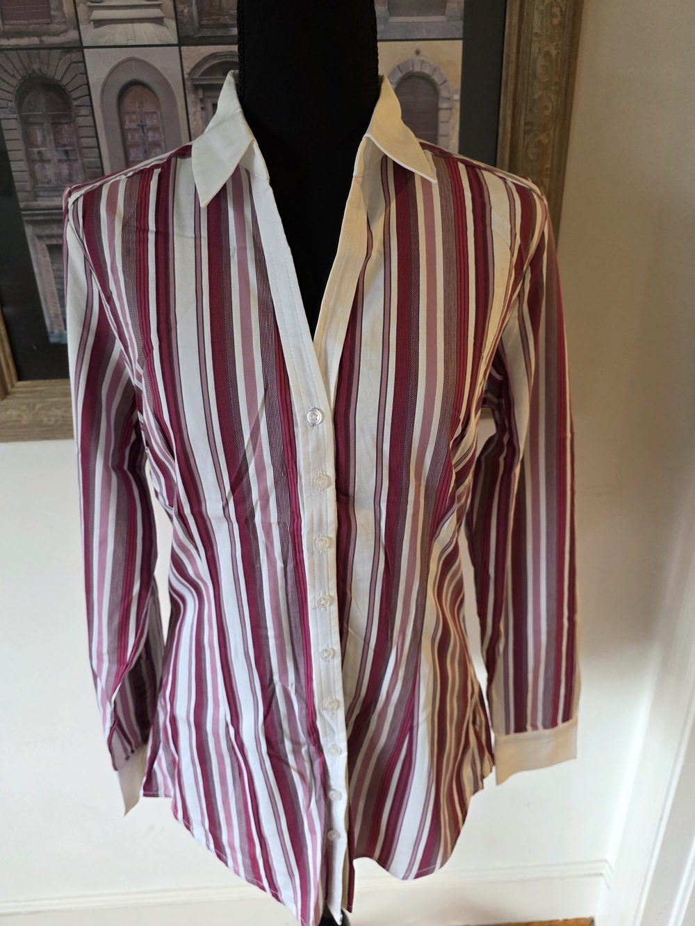 New York & Company Women's Stripe Button-Down Shirt - White & Burgundy